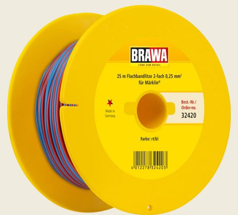 Brawa 32420 32420 Wire 0.25mm², Dual-Core, PVC Insulation, 5A max, Cu-Conductor 2x14x0.15mm, 25m Ring, For Marklin, Red/Blue
