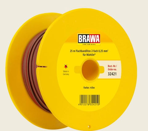 Brawa 32421 32421 Wire 0.25mm², Dual-Core, PVC Insulation, 5A max, Cu-Conductor 2x14x0.15mm, 25m Ring, For Marklin, Red/Brown