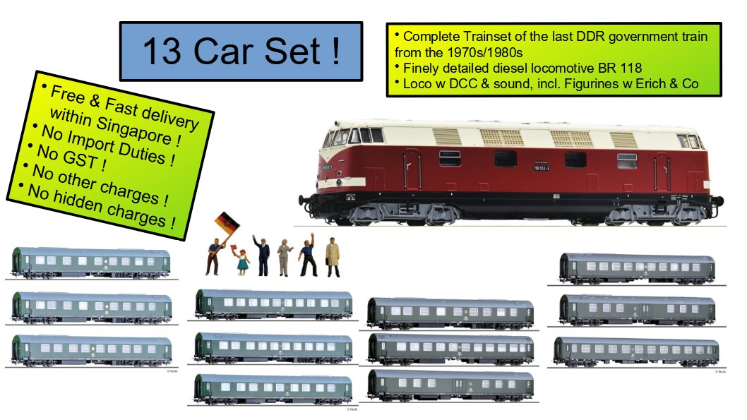 Roco 73897 srbu H0 Complete GDR Government Trainset With Diesel Engine BR 118, DCC With Sound And 12 Different Coaches, Ep IV DR