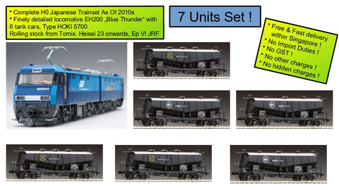 Tomix 96156bu srbu H0 Complete Trainset With Electric Locomotive EH200 „Blue Thunder“ And 6 Tank Cars Type HOKI 5700, Ep VI JR Freight, 7 Units