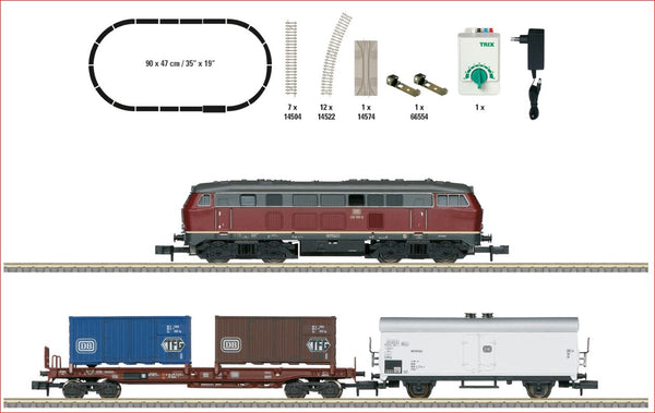 Minitrrix T11146 11146 N Startset Freight Train With Class 216 Diesel Engine, 2 Freight Cars, 900x470 mm, 35”x19“, Ep IV DB