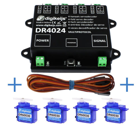 Digikeijs 56114 DR4024 Set Including 1x Servo Decoder, 4x Mini Servo And 4x 50cm Ext Cable
