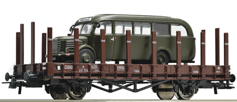 Roco 67255 H0 Stake Car Loaded With Military Vehicle, Steyr Bus, Ep III, OBB