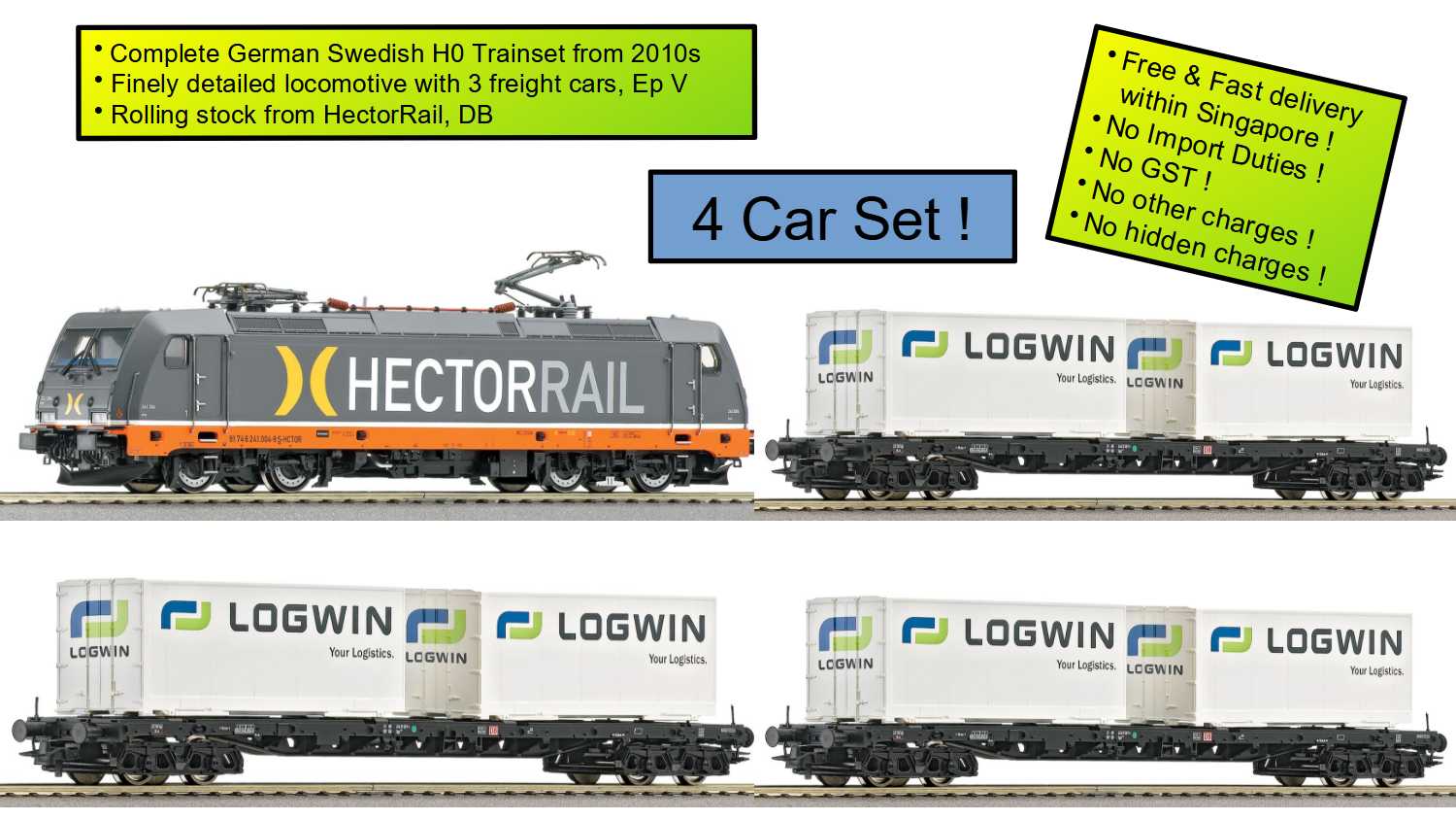 Roco 62507 srbu H0 Trainset With Electric Locomotive BR 185.2, 6 LOGWIN Containers, 3 Container Carriers, Ep V HectorRail